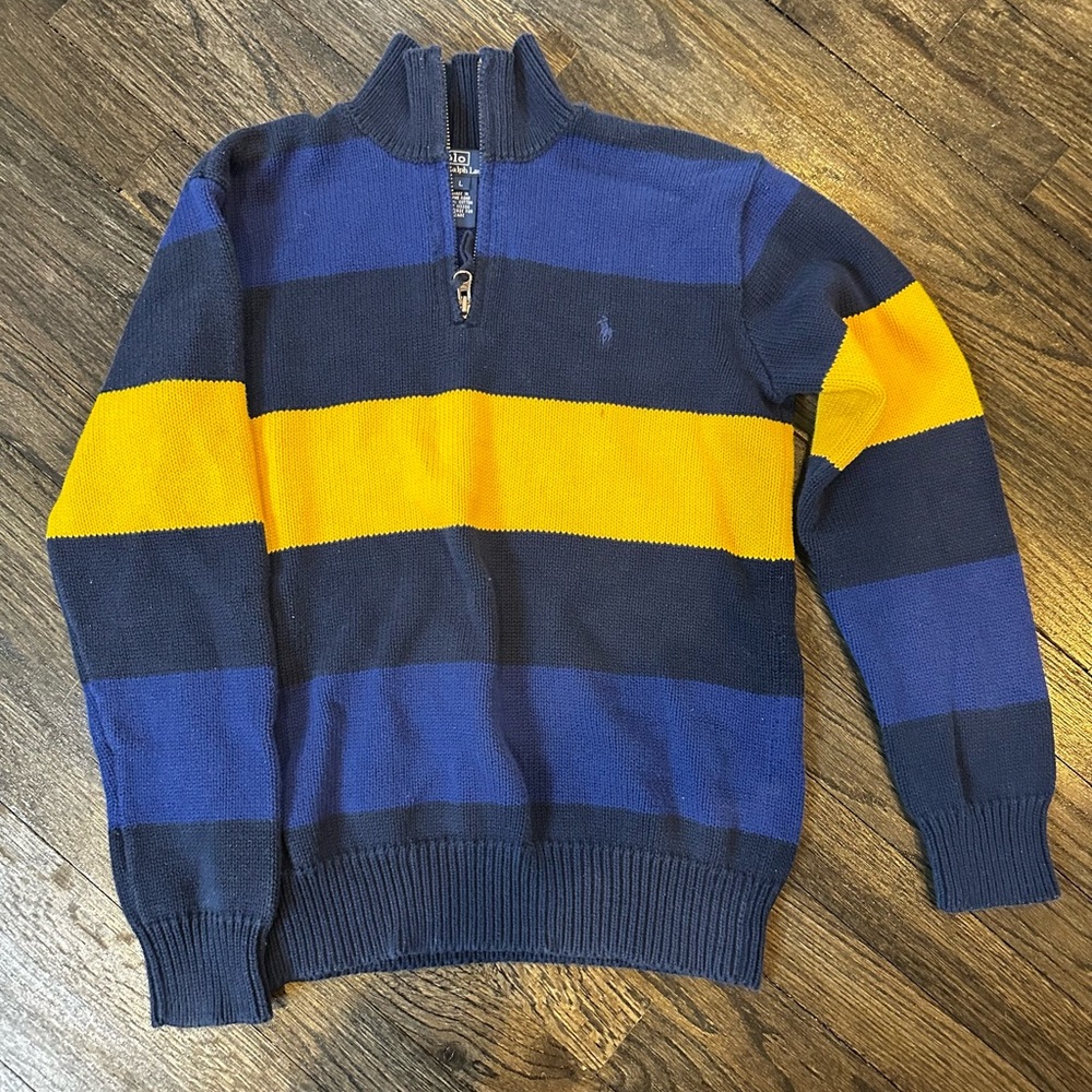 Ralph Lauren Boys Striped Navy and Gold Zip-Up Sweater